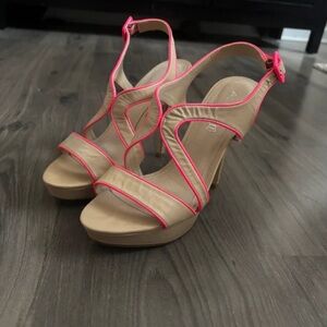 Aldo Beige Platform Heels with Neon Pink Trim